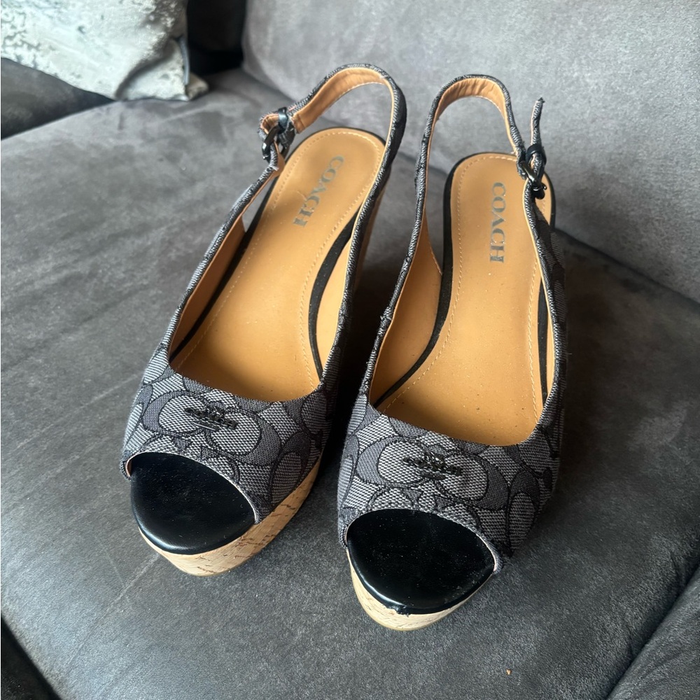 Coach Black and Gray Wedge Slingback Sandals - Picture 1 of 4
